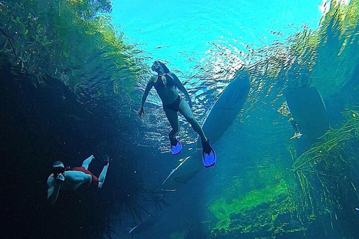 Dos personas en el agua sobre tablas de surf en el agua