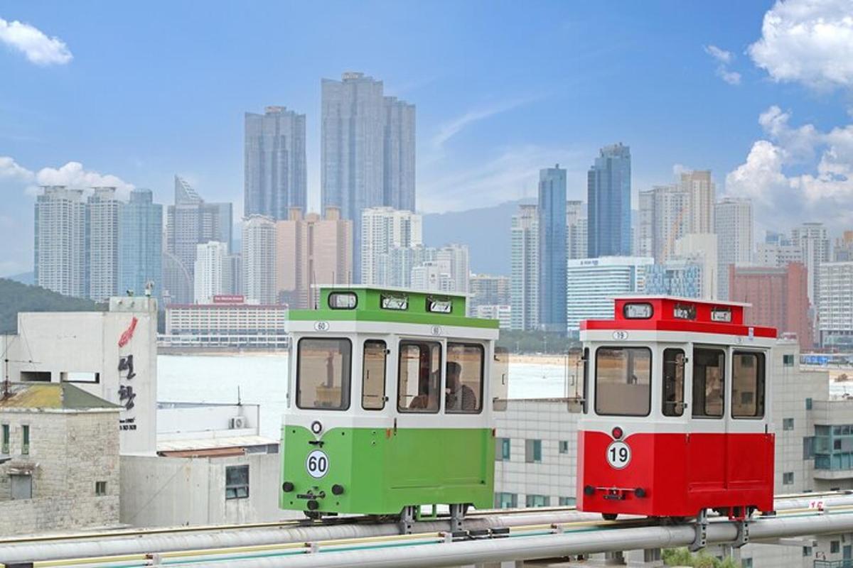 two green and red trolley cars on tracks in front of a city