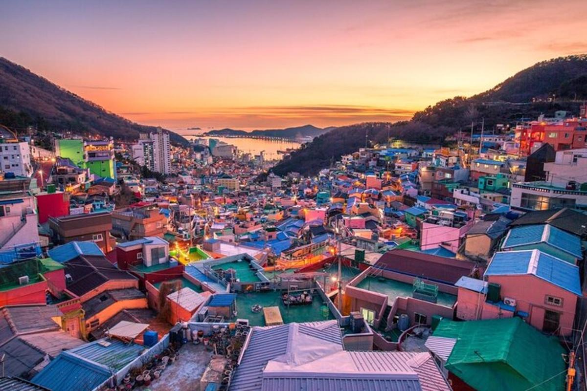 a view of a city at sunset