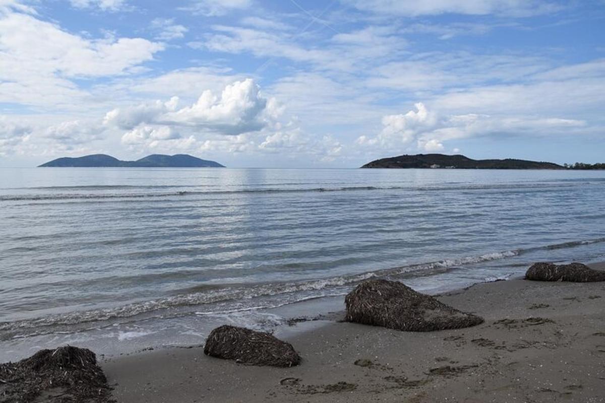 una platja amb roques a la sorra i l'oceà