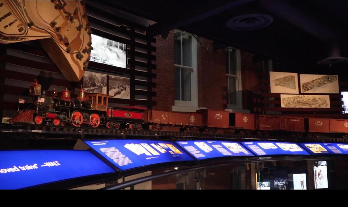 a model train on a display in a room