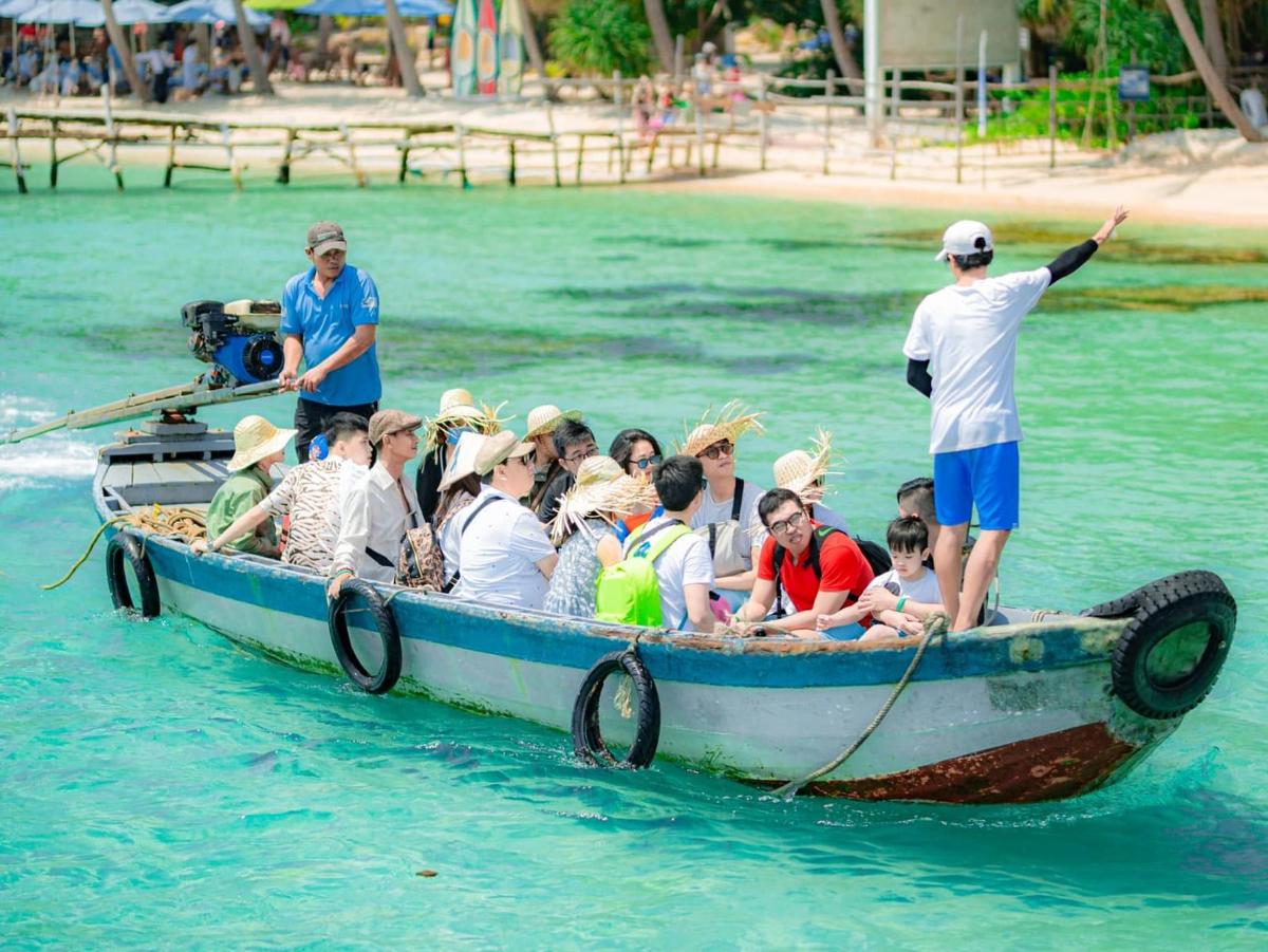 a group of people in a boat in the water