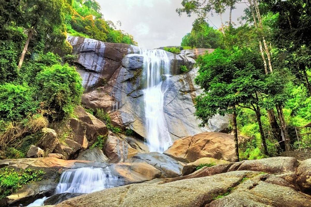 ein Wasserfall an der Seite eines Berges mit Bäumen
