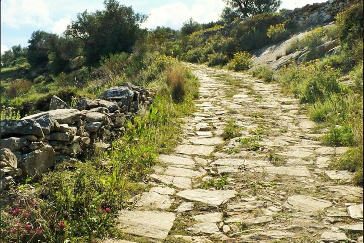 uma velha estrada de pedra com um muro de pedra em uma colina