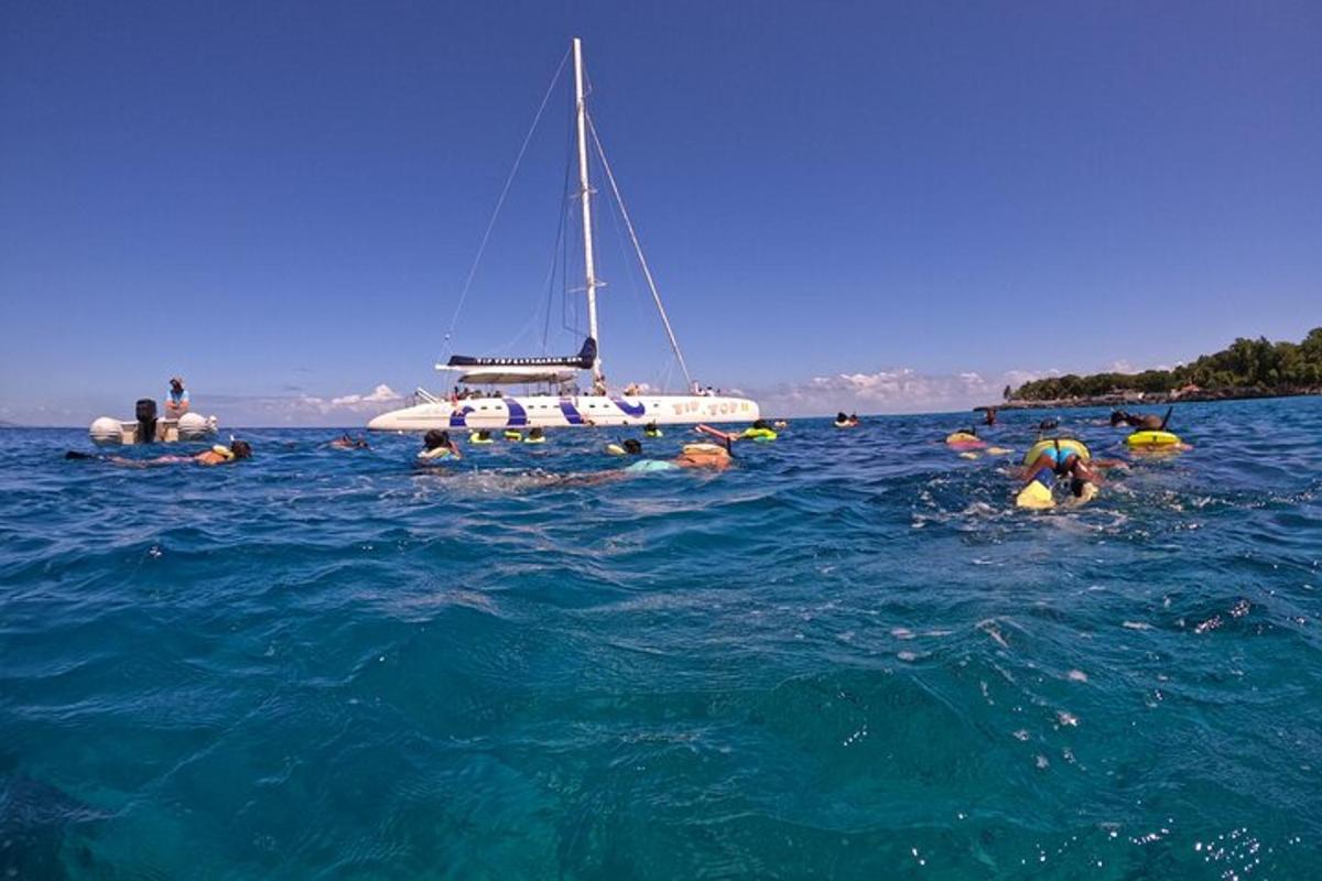 a group of people in the water with a sail boat
