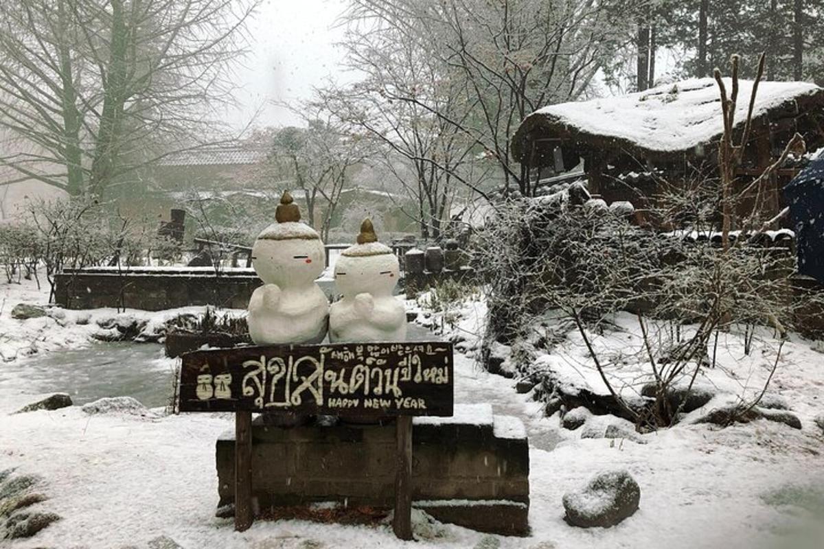 due pupazzi di neve seduti su un cartello nella neve