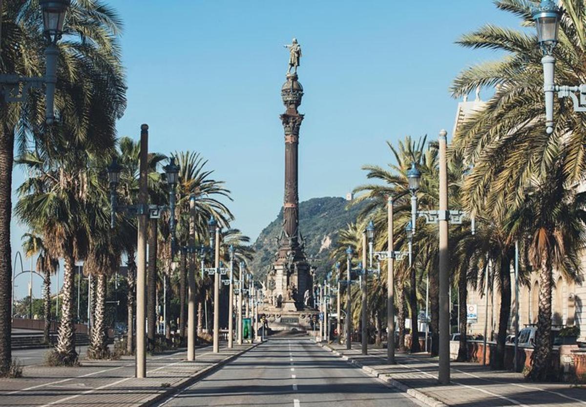 uma rua ladeada por palmeiras e uma torre do relógio