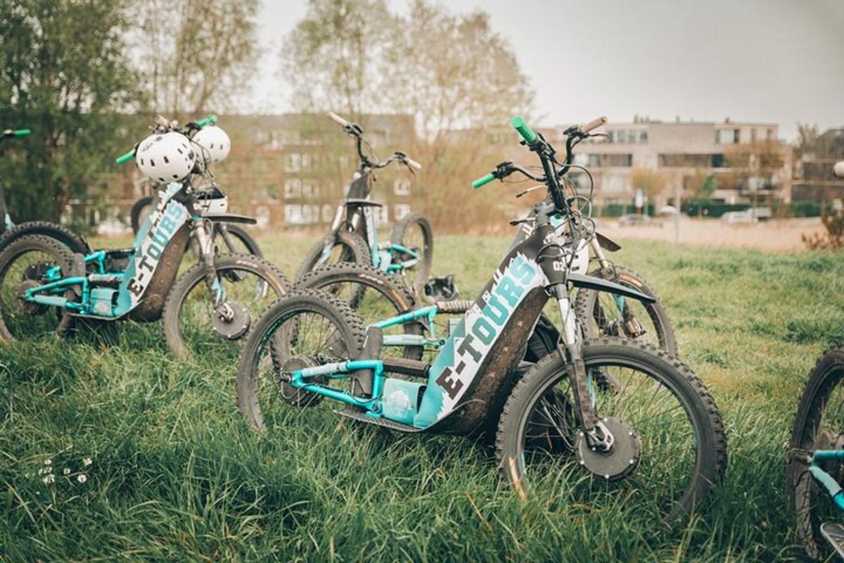 un gruppo di biciclette parcheggiate sull'erba