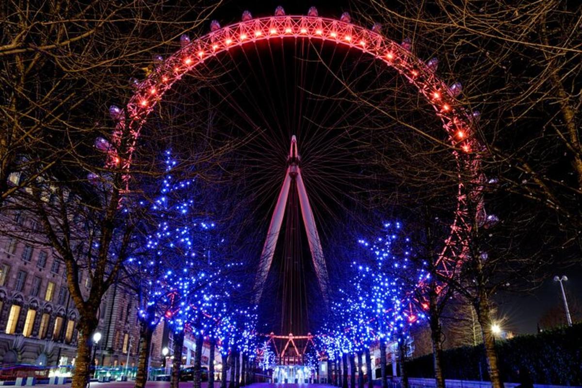 una grande ruota panoramica decorata con luci natalizie di notte