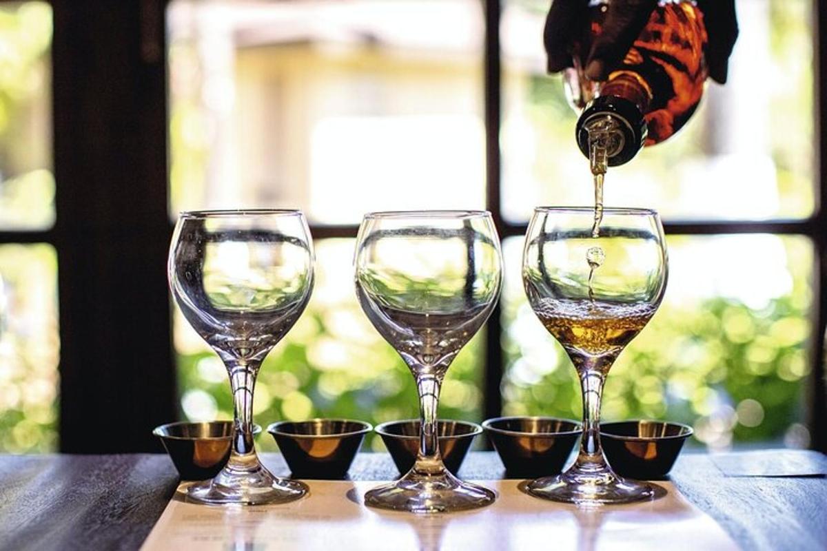 uma pessoa servindo vinho em três taças de vinho sobre uma mesa