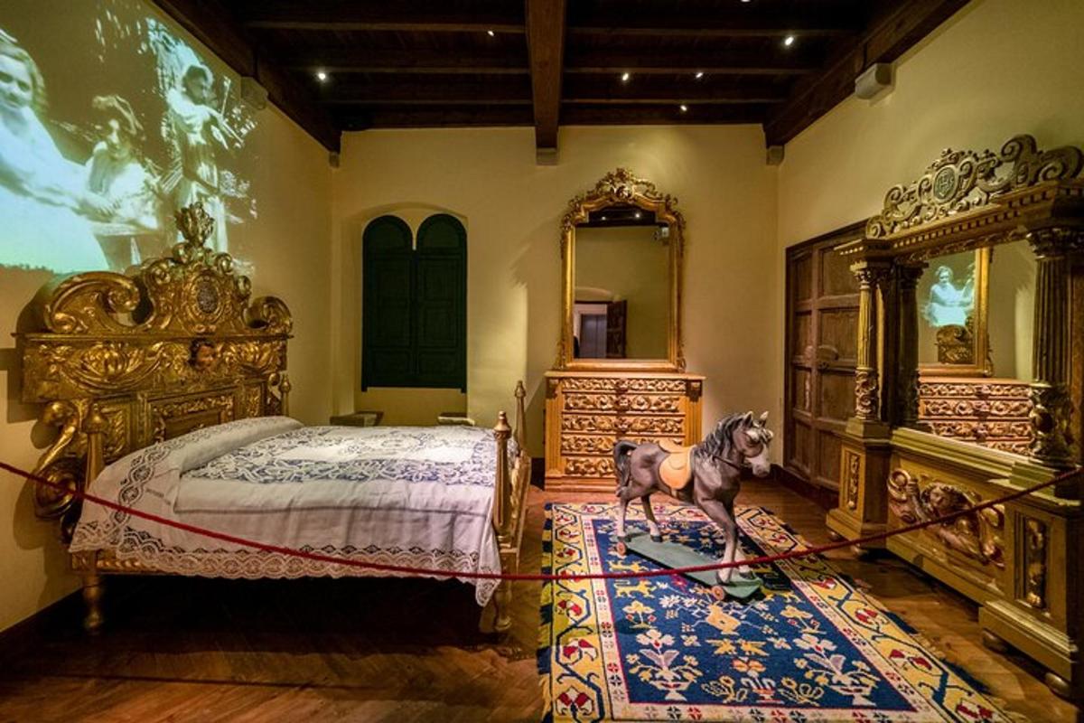 um cavalo está amarrado a uma cama em um quarto