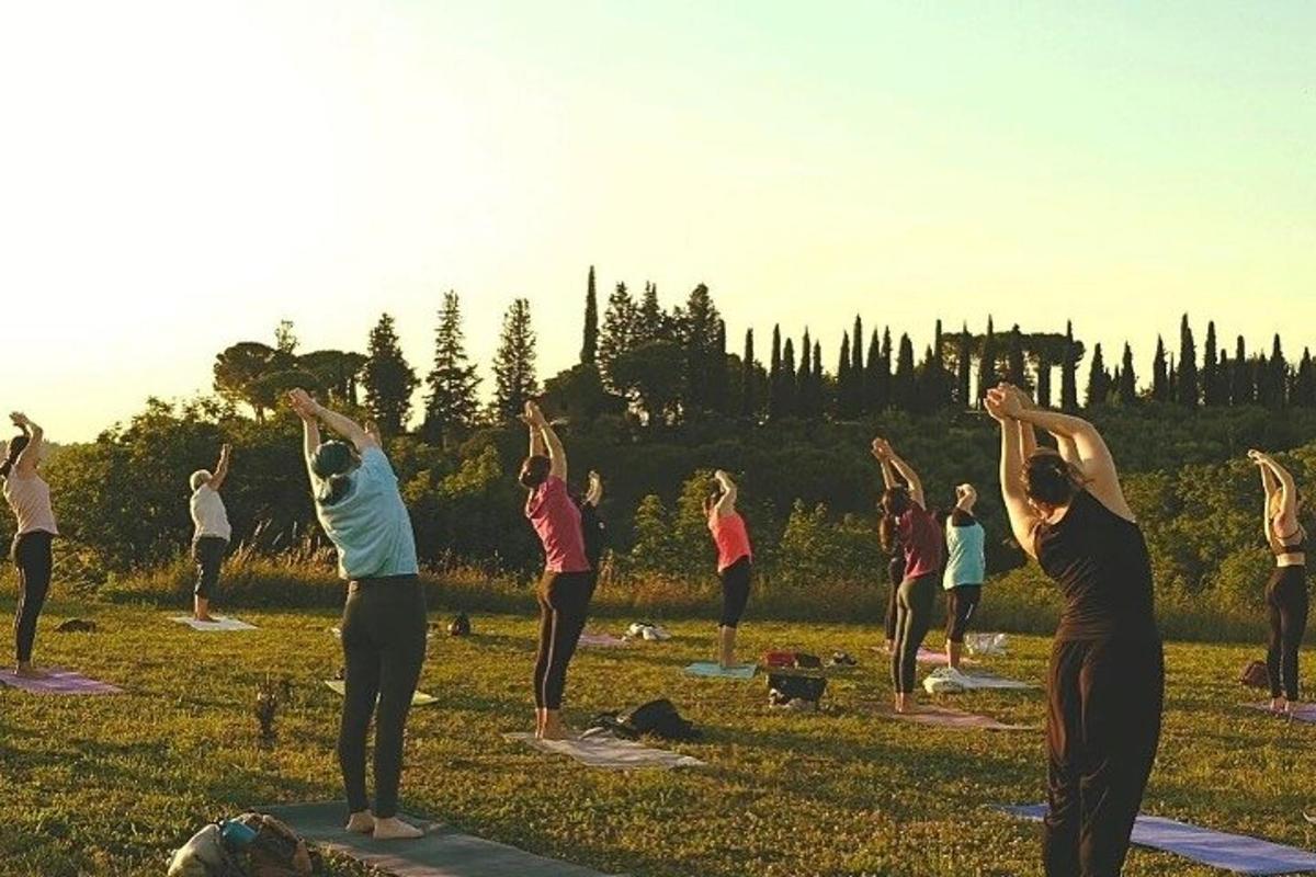 a group of people doing yoga in a field