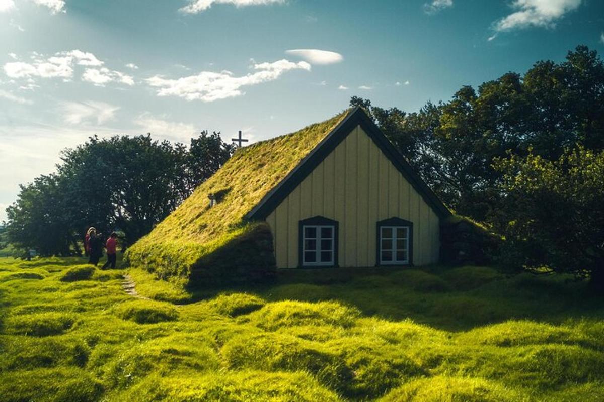 une petite maison avec un toit en herbe dans un champ