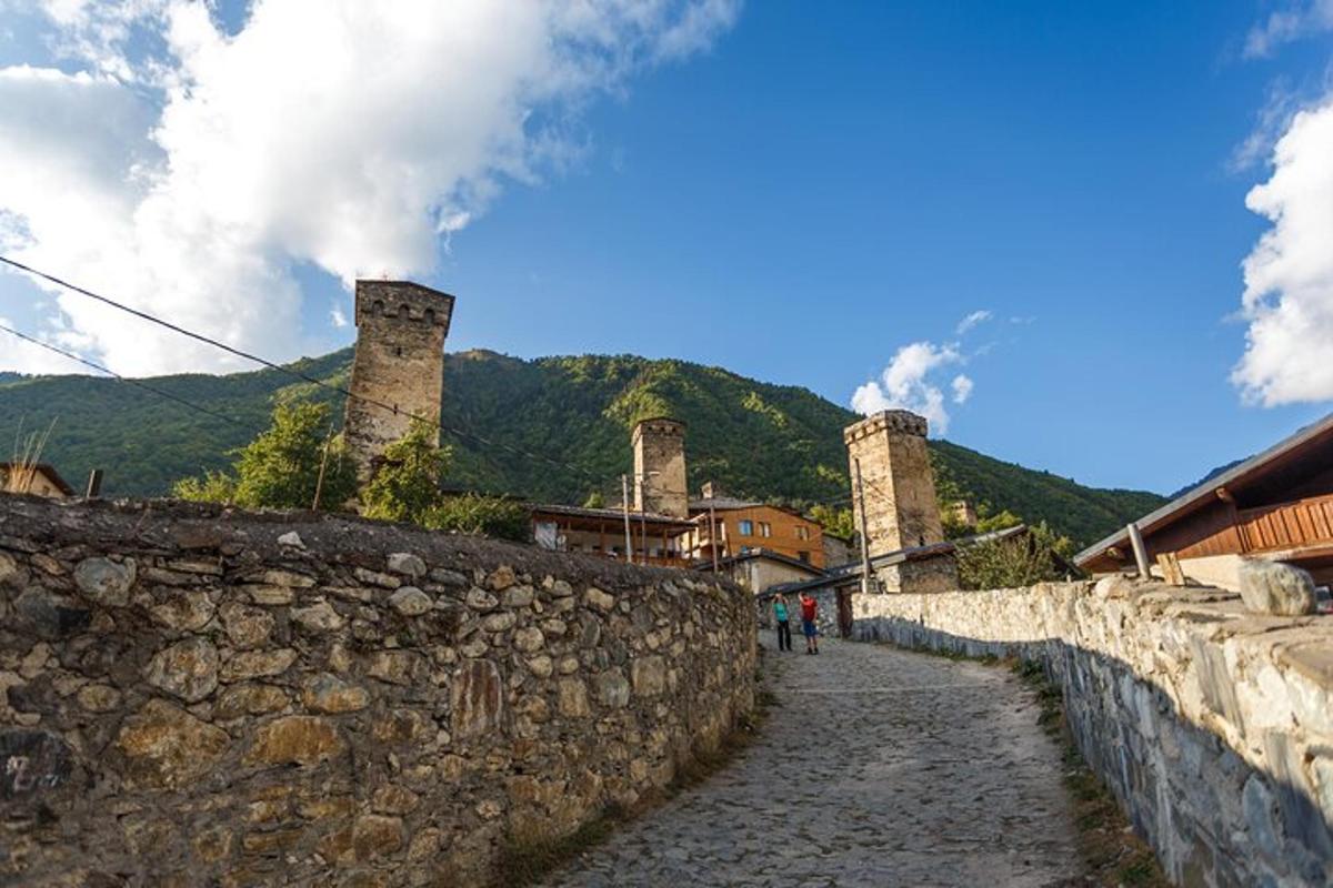 a stone wall with two towers and a mountain