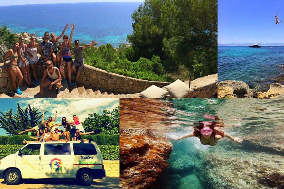 a collage of photos of people swimming in the ocean