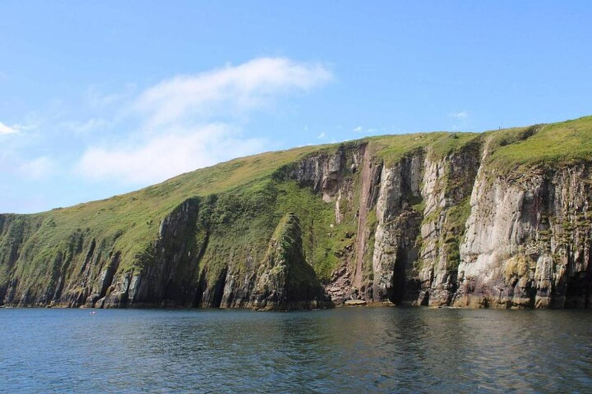 a large cliff with grass on the side of a body of water