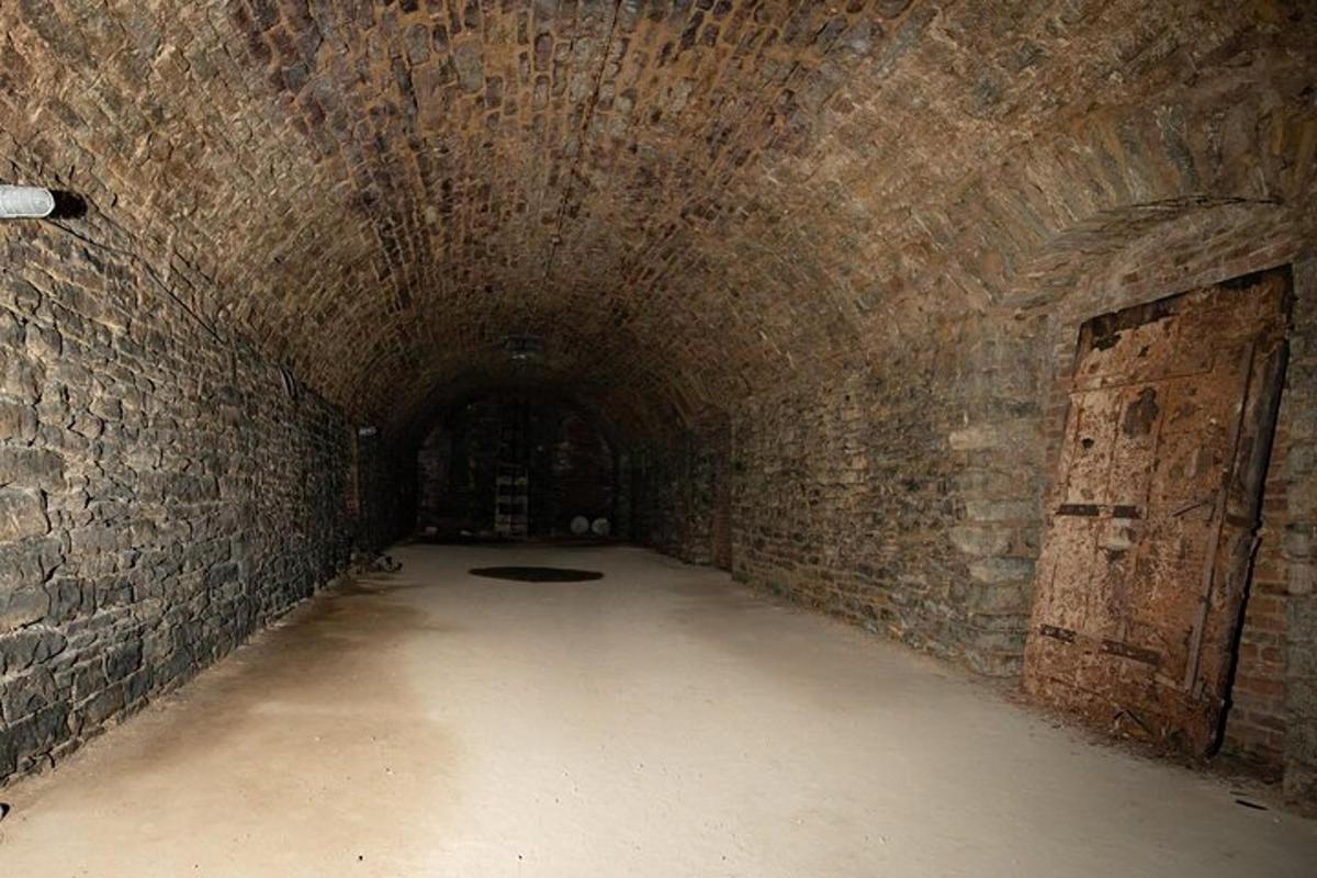 a tunnel in an old brick building with a door