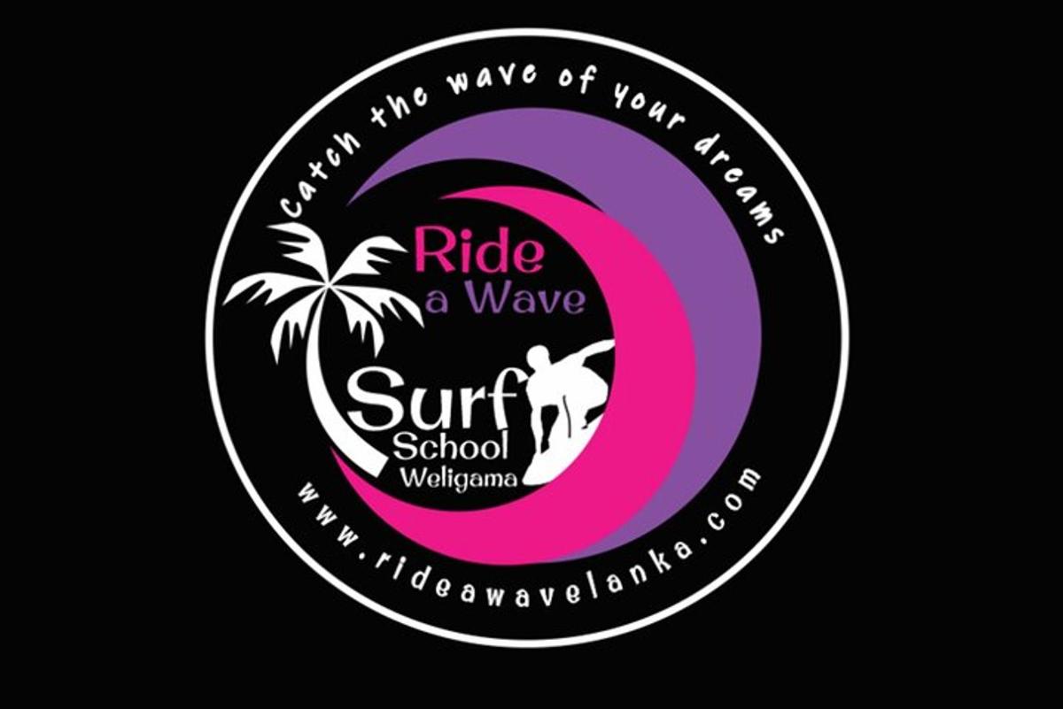 a sticker with a ride a wave surf school logo