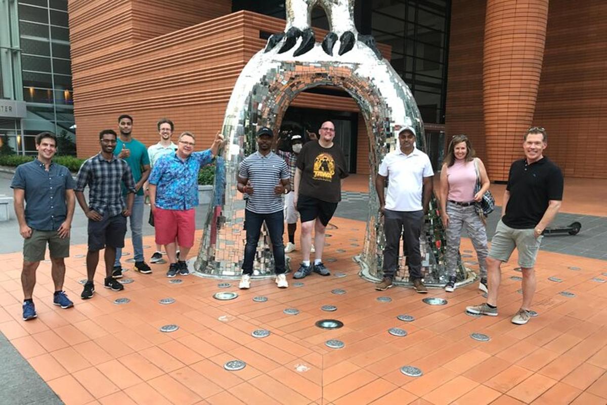 a group of people standing in front of an arch