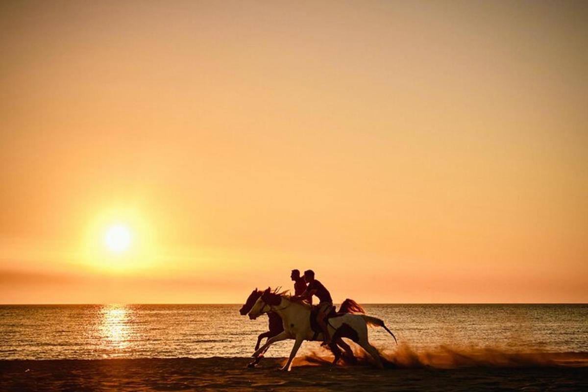 due persone a cavallo sulla spiaggia al tramonto