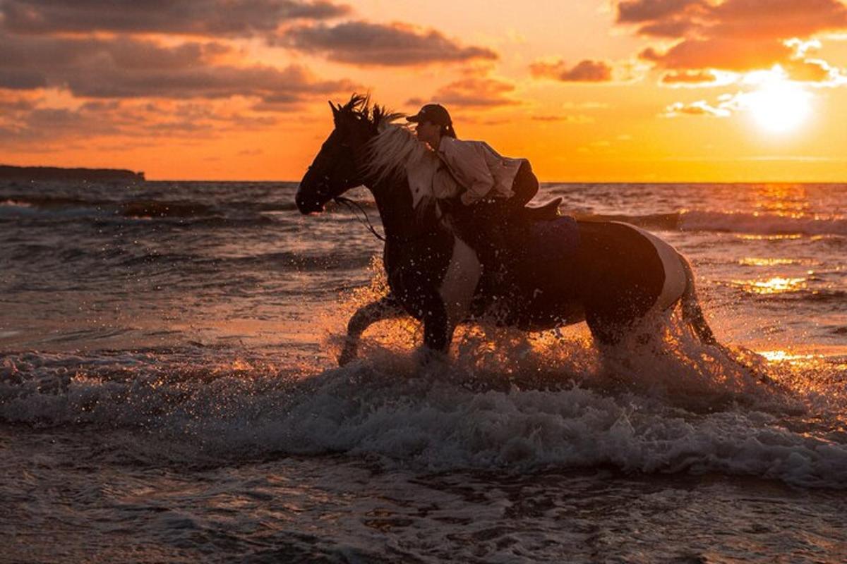 una persona a cavallo sulla spiaggia al tramonto