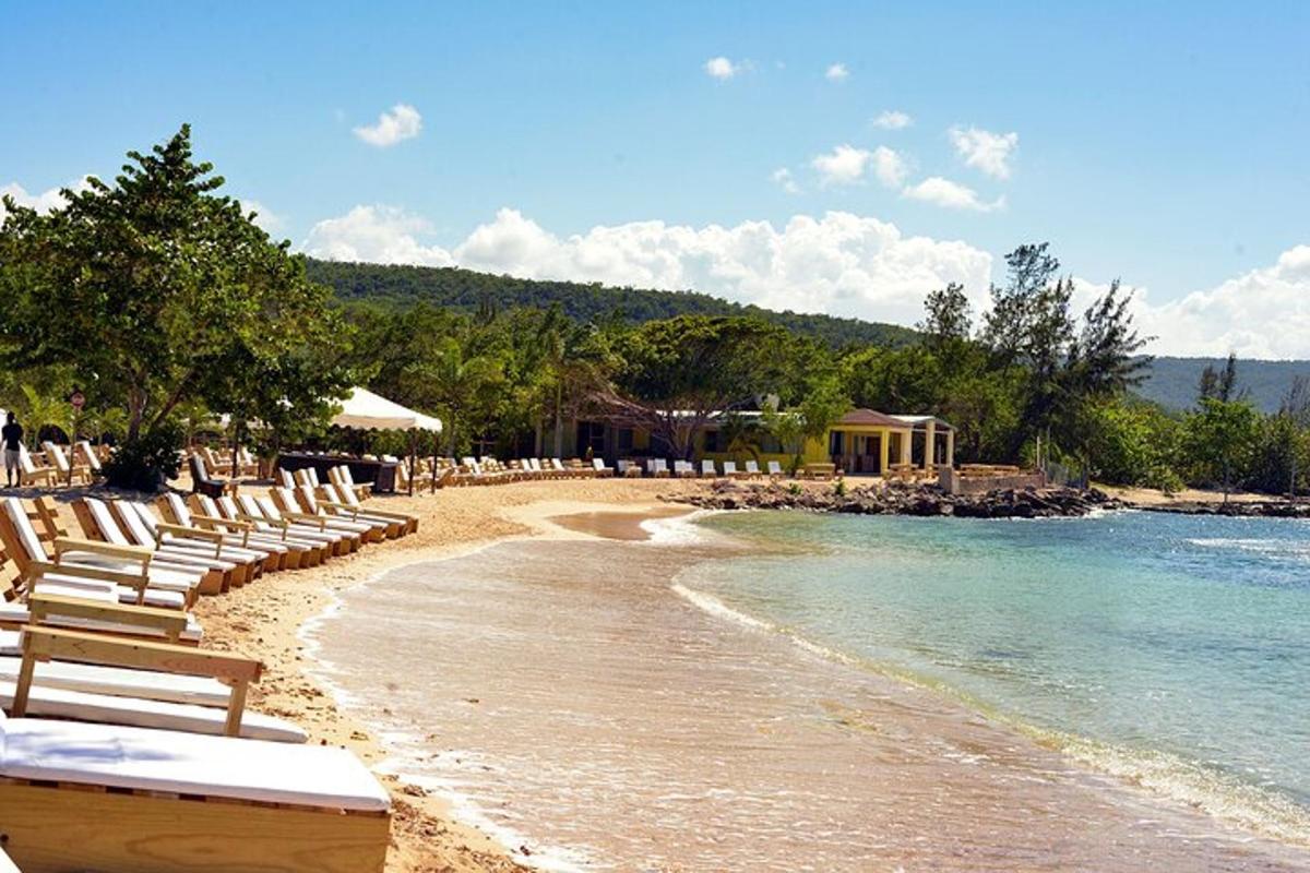a beach with lounge chairs and the water