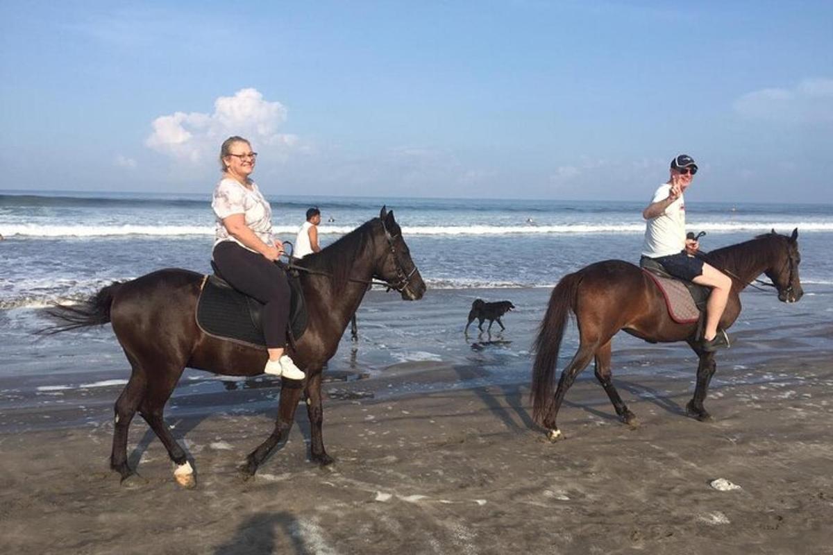 două persoane călare pe cai pe plajă cu un câine