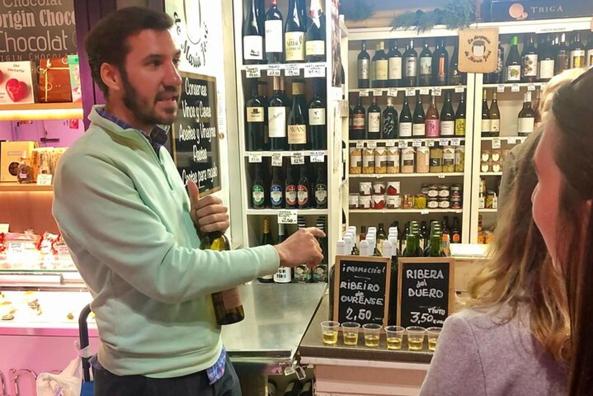 a man standing in a liquor store with a woman
