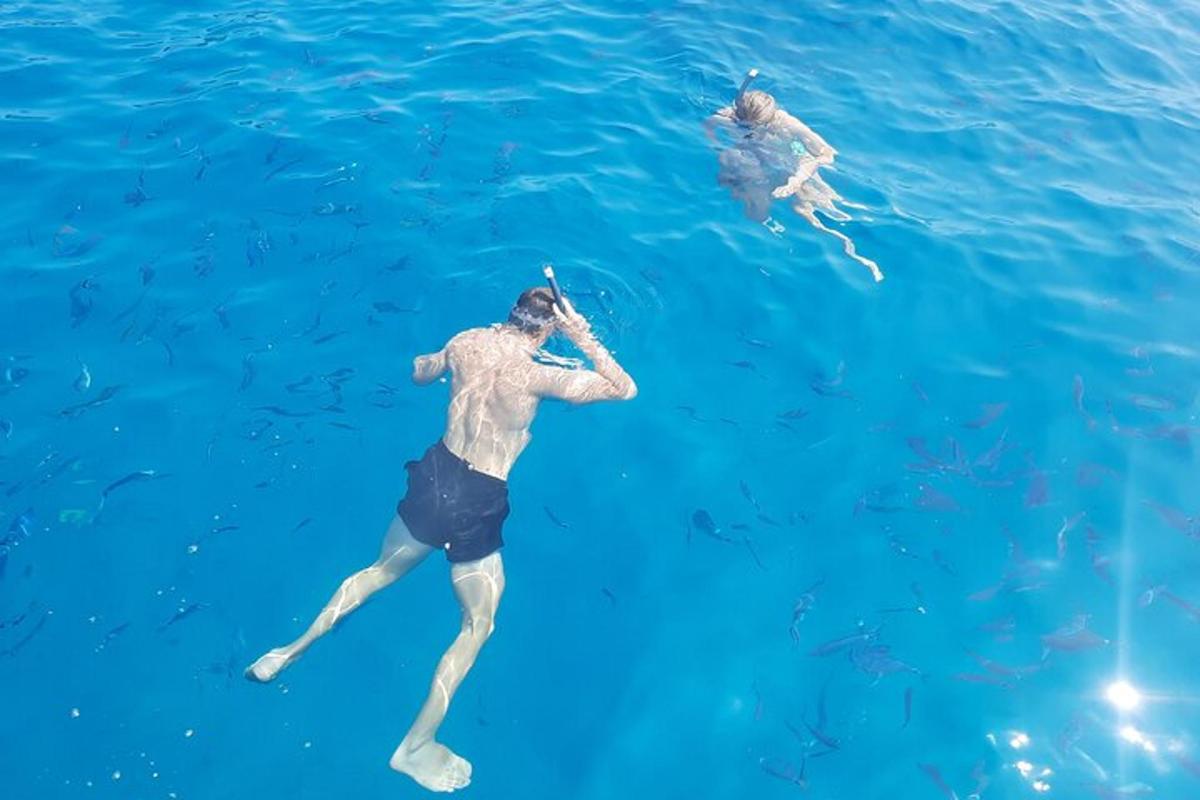 un uomo che nuota nell'acqua con un pesce
