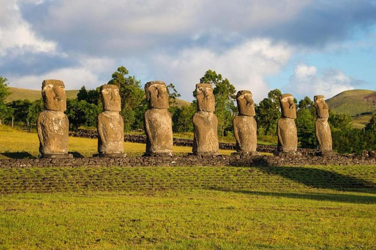 a group of meeus statues sitting in a field