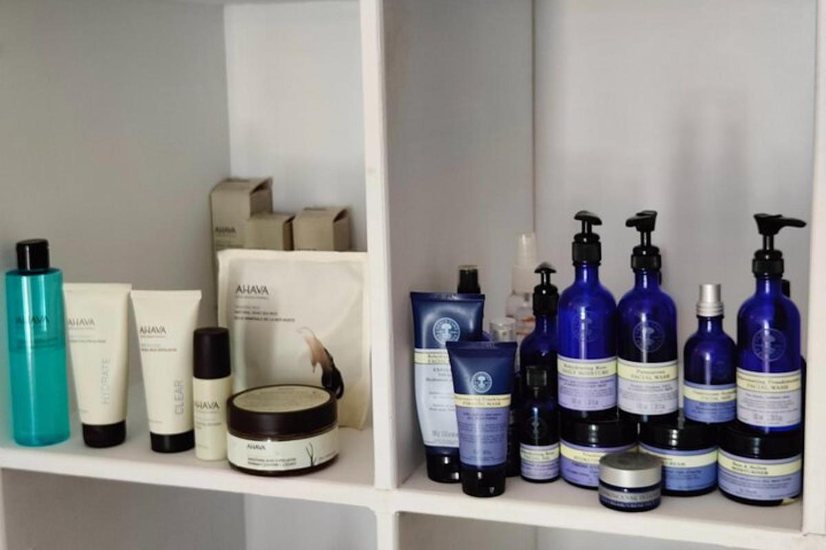 a shelf with a bunch of products on it