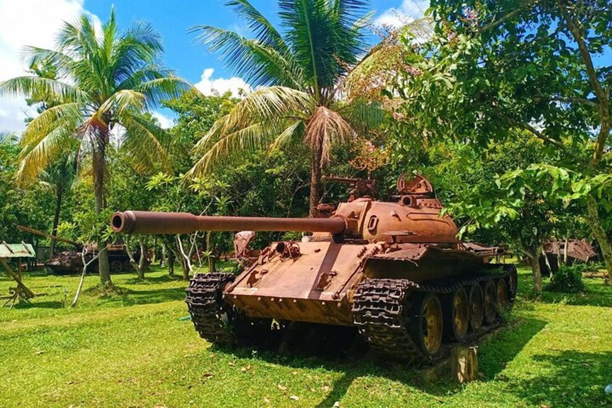 egy tank, amely pálmafákkal teli mezőn parkolt