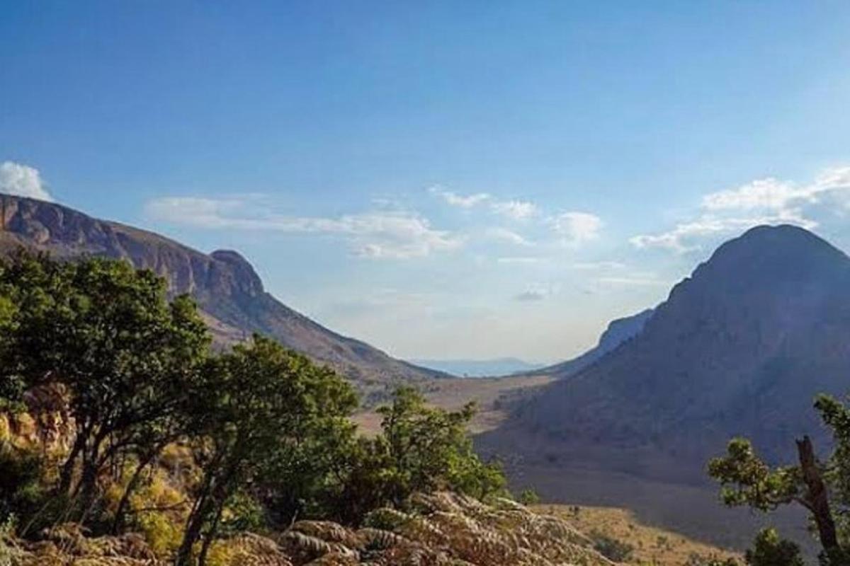 una vista di una valle con una montagna sullo sfondo