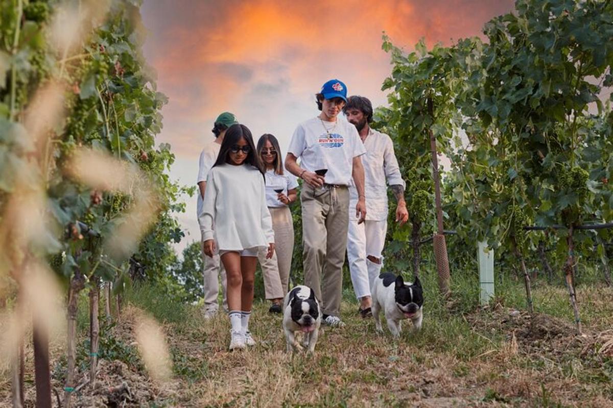 una famiglia che cammina attraverso un vigneto con il loro cane