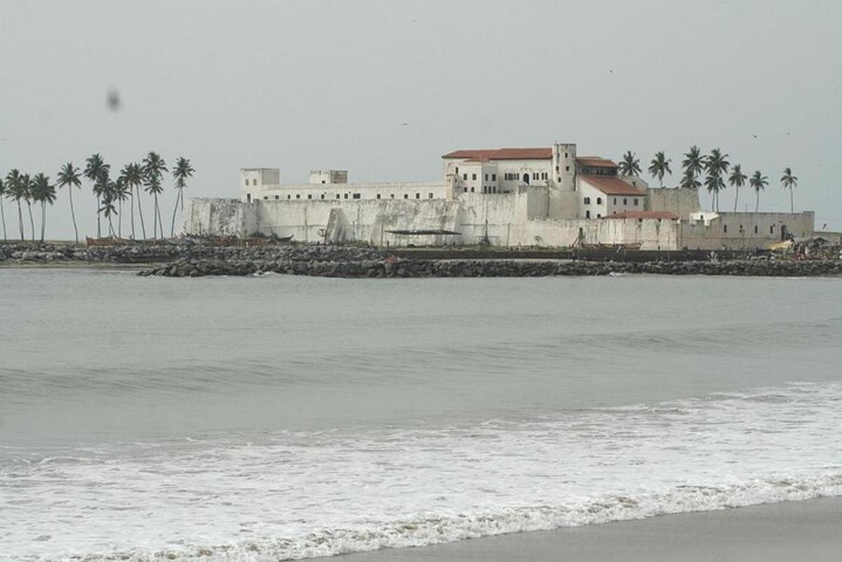 una platja amb un edifici, palmeres i l'oceà
