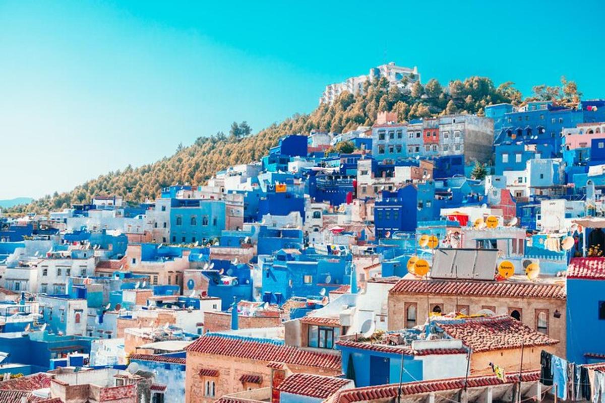 un gruppo di edifici blu e bianchi su una collina