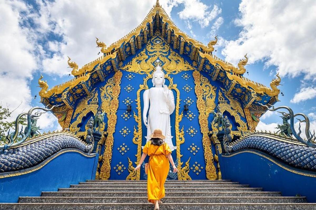 một người phụ nữ đang bước lên cầu thang hướng về phía một bức tượng