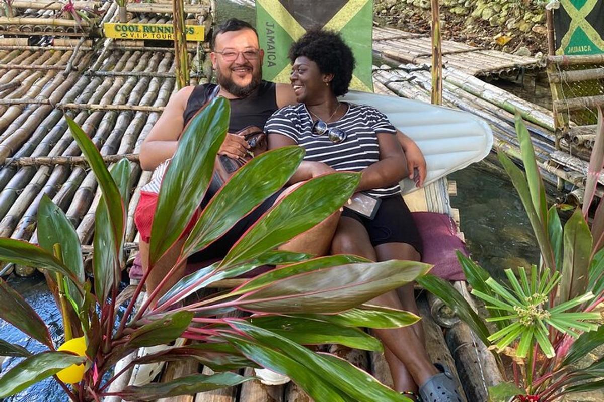 a man and a woman sitting on a raft with a surfboard