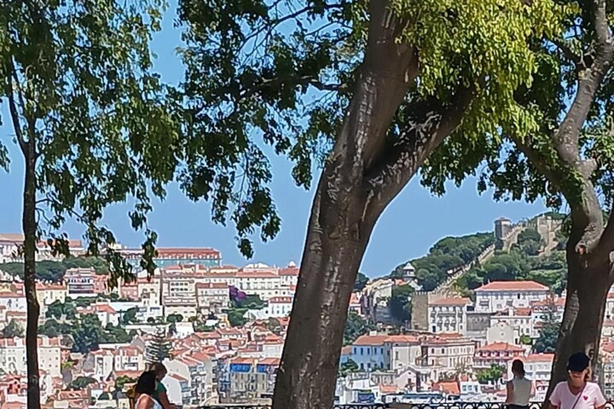 two people sitting on a bench looking at a city