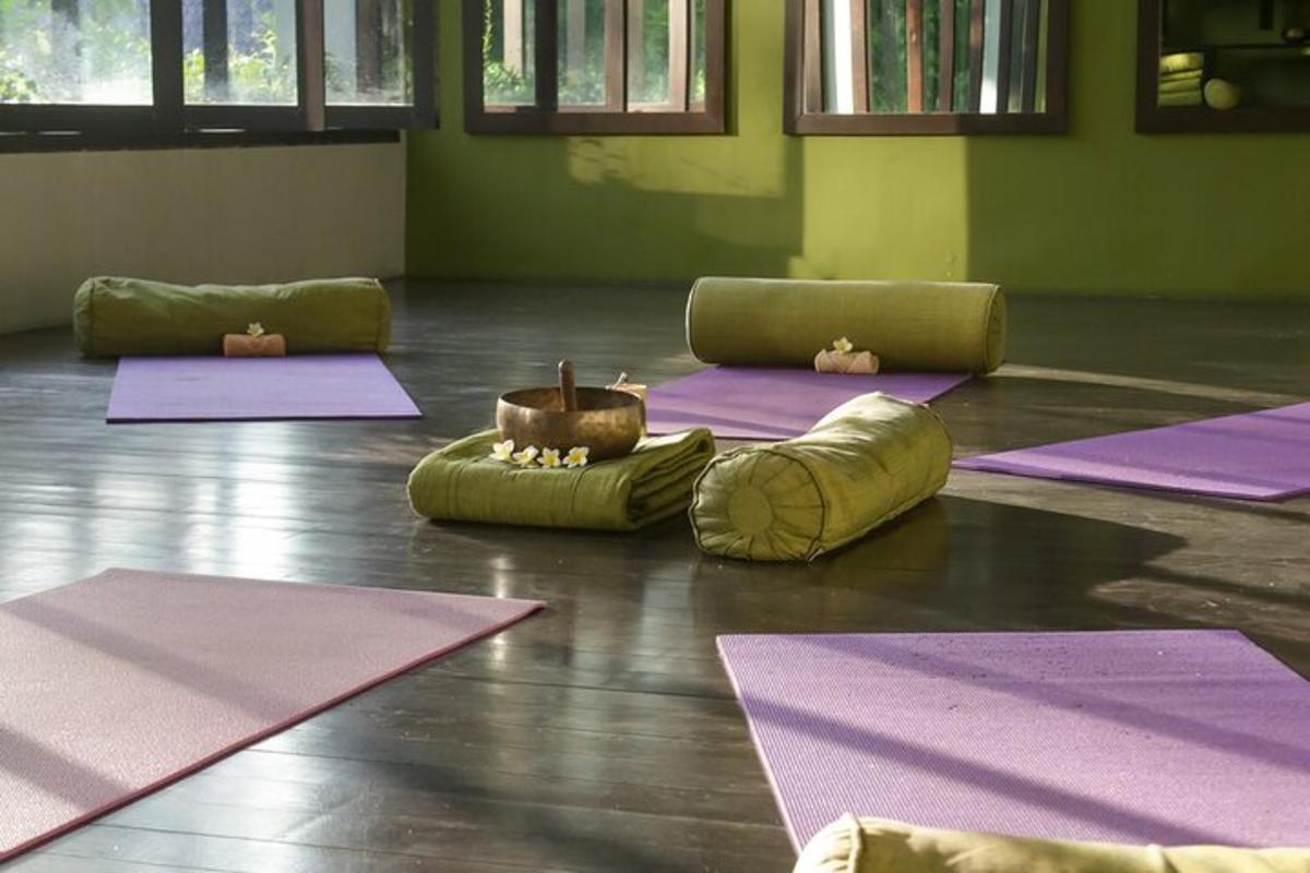una stanza con tappetini da yoga viola sul pavimento