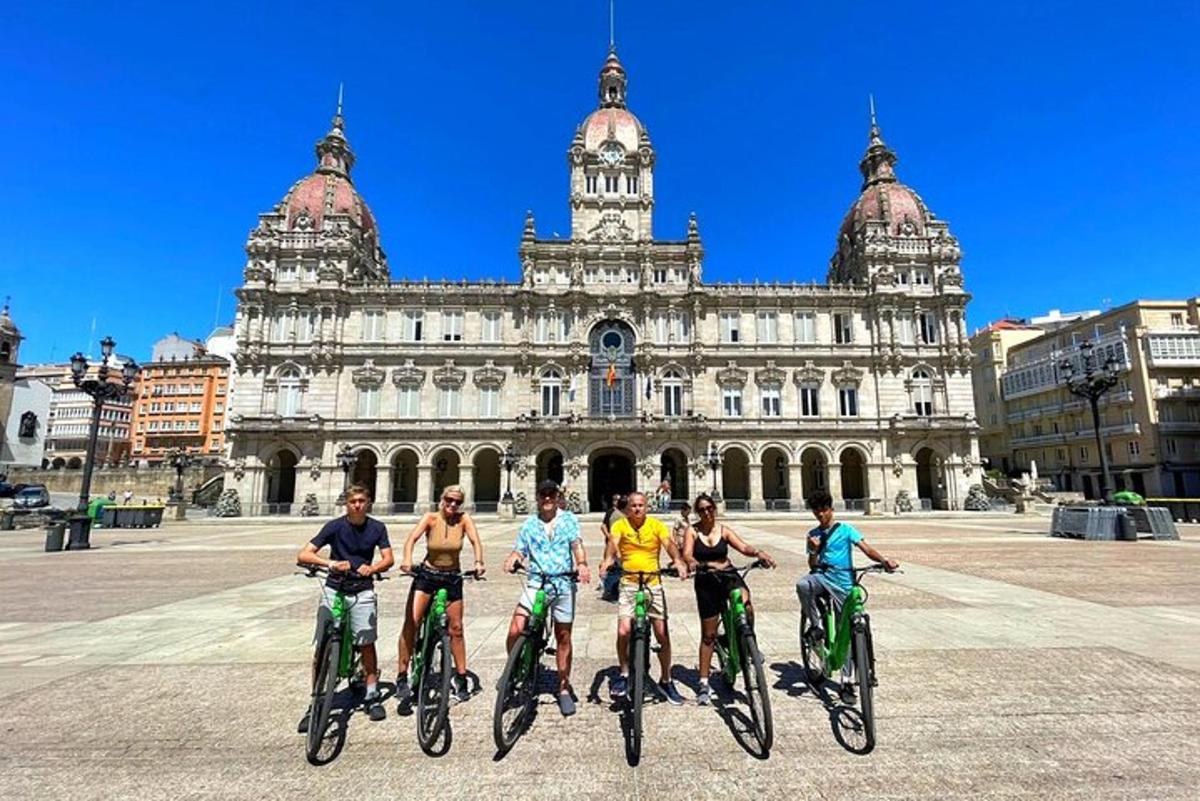a group of people on bikes in front of a building