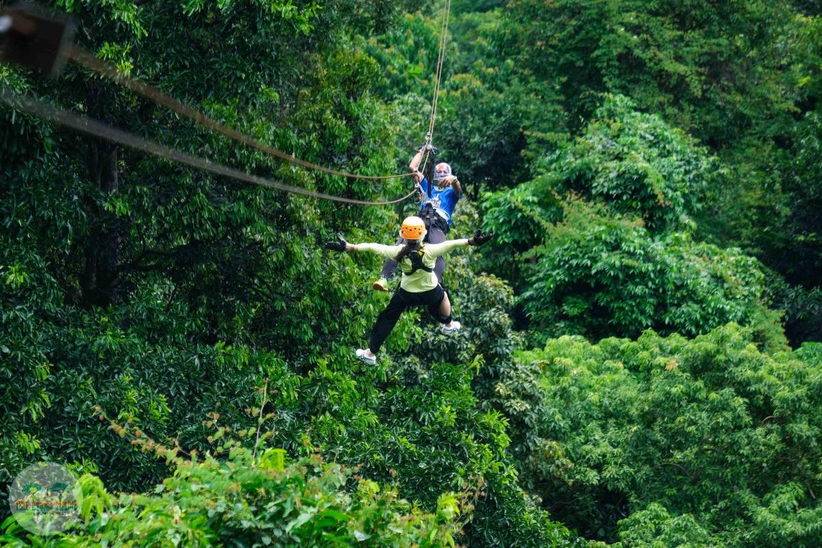 two people on a zip line in the trees
