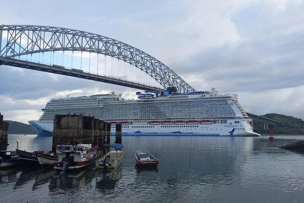 een cruiseschip ligt aangemeerd naast een brug