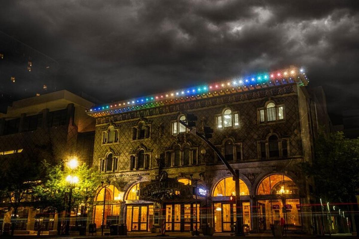 a building with lights on top of it at night