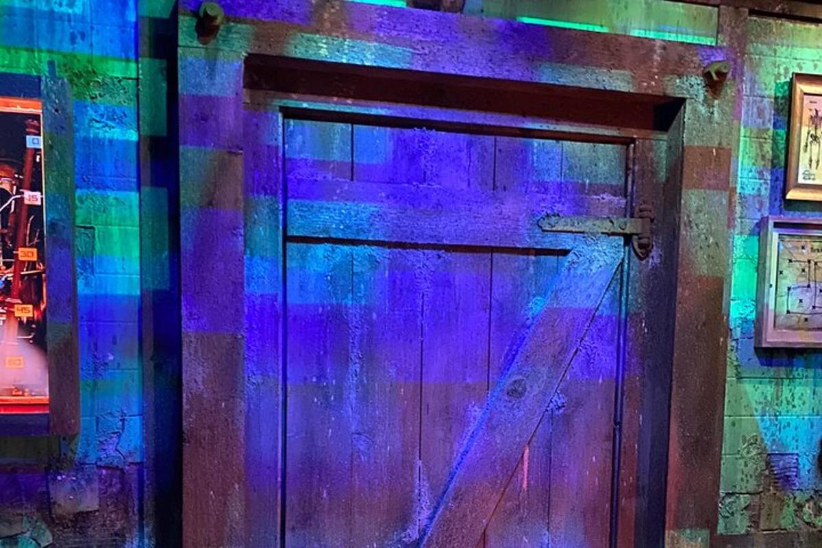 a wooden door with purple lights on it
