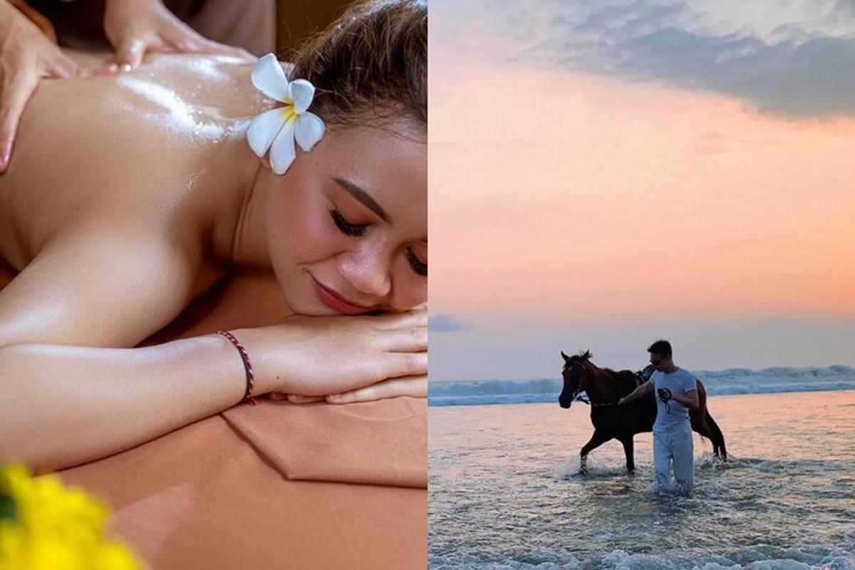 a woman and a man and a horse on the beach