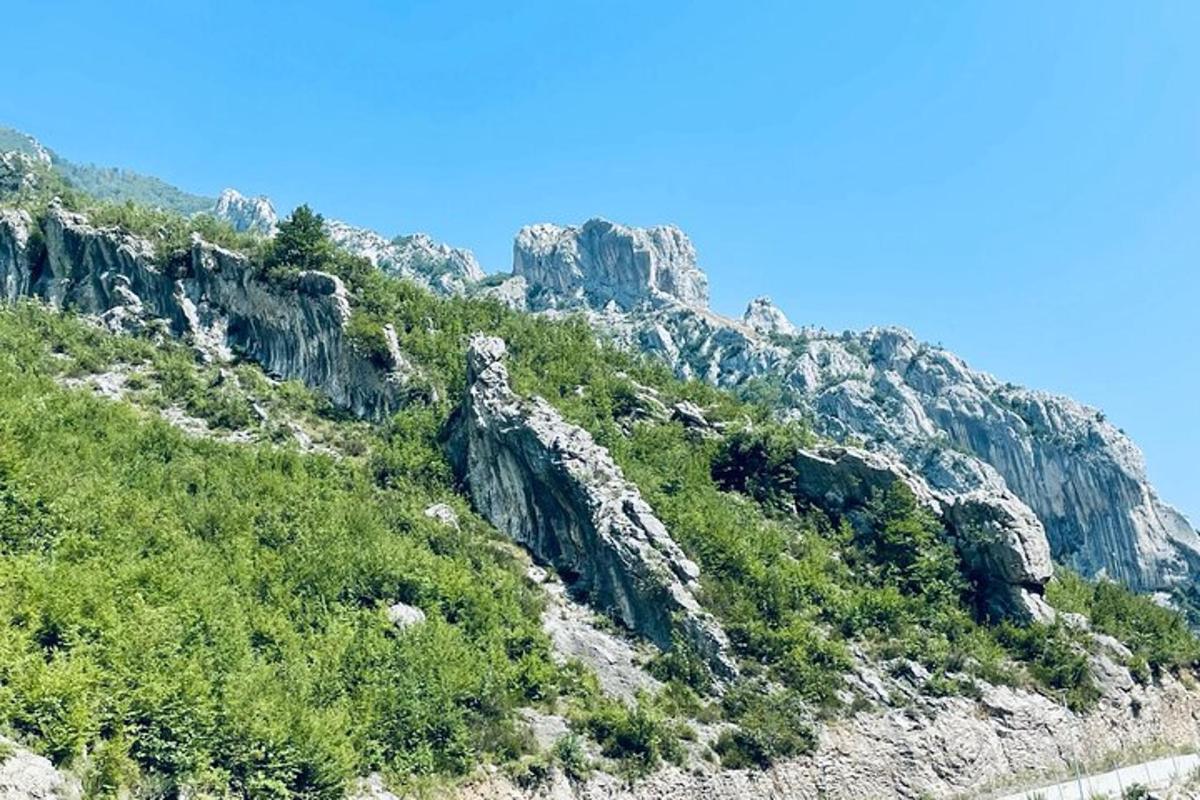 Una montaña rocosa con hierba y árboles.