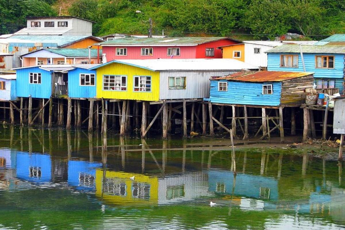 a group of houses on a dock on a body of water