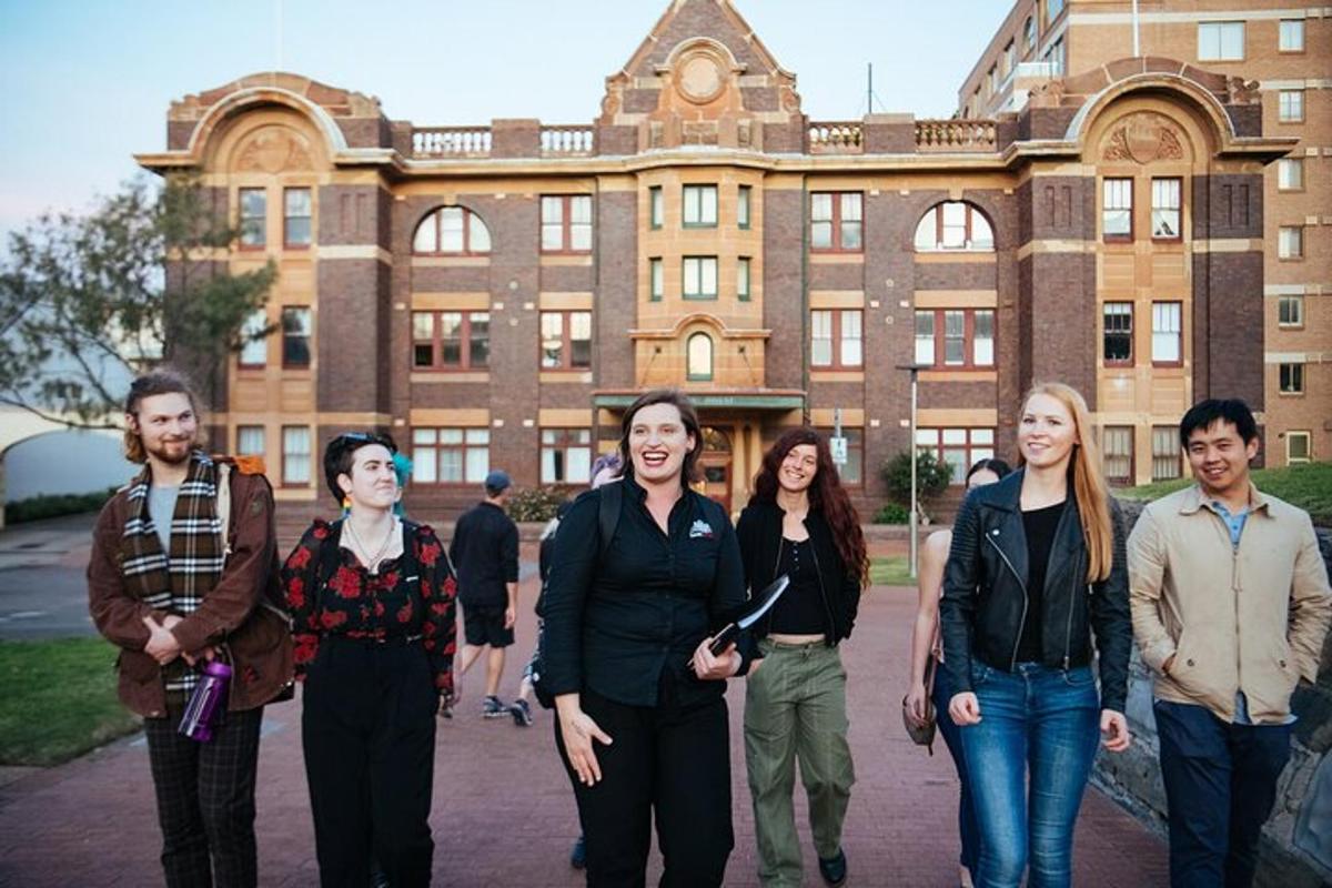 a group of people standing in front of a building