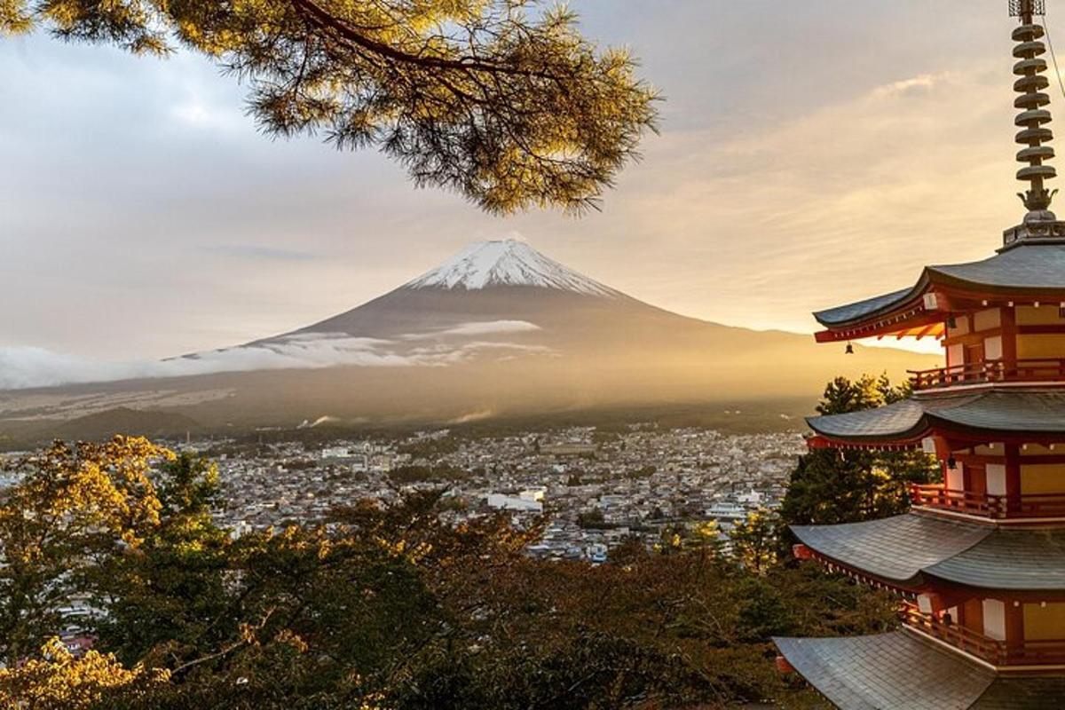 gunung di kejauhan dengan bangunan dan pagoda